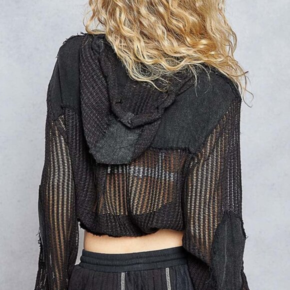 NEW POL MEDIUM Black Crochet See Through Button Down Hoodie Top Shirt - Picture 5 of 5